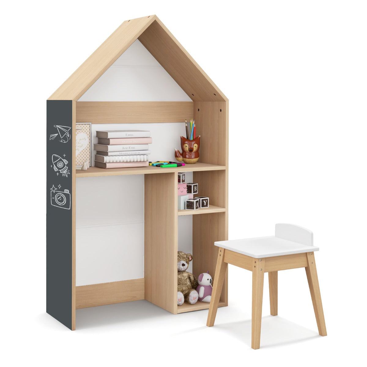 House-shaped kids desk and chair set with blackboard for drawing, studying, reading, eating and creative play