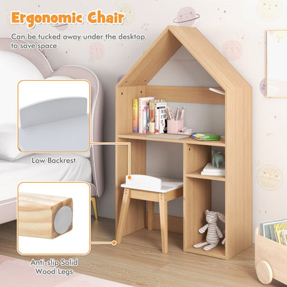 Kids house-shaped table doubles as a bookcase and toy storage cabinet for organized bedrooms or playrooms