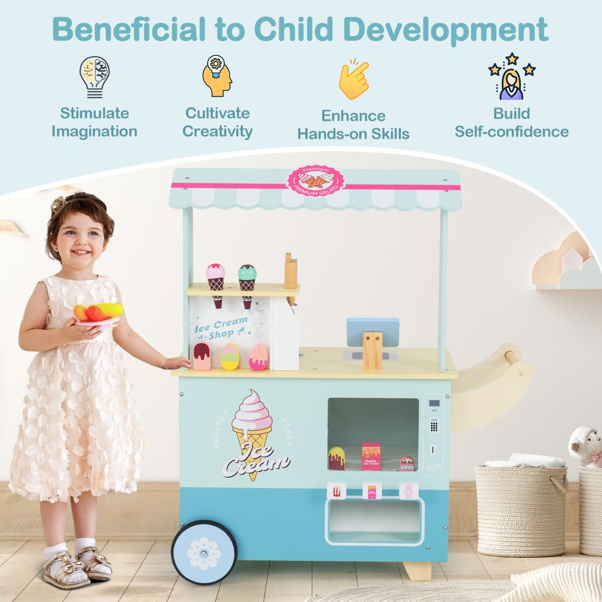 Kids Ice Cream Cart Pretend Play Set for Toddlers with Vending Machine-Green