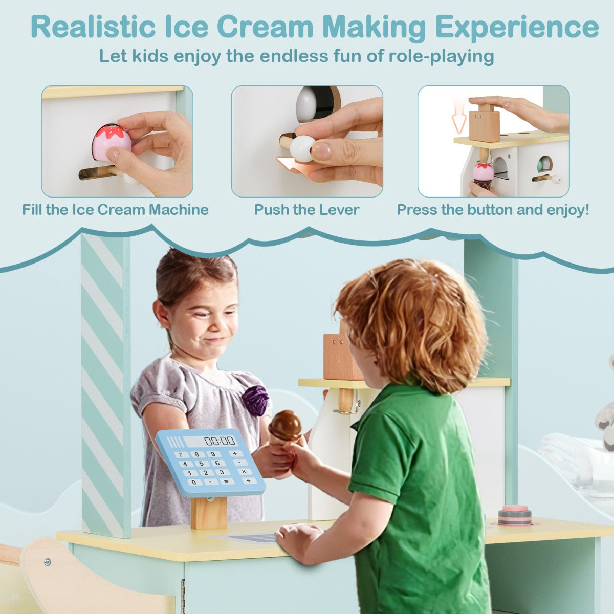 Kids Ice Cream Cart Pretend Play Set for Toddlers with Vending Machine-Green