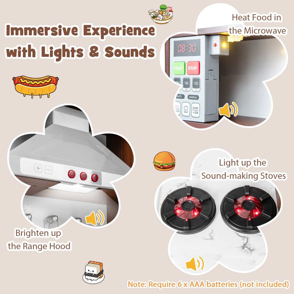 Interactive kitchen requires six AAA batteries for the lights and sound effects, batteries not included