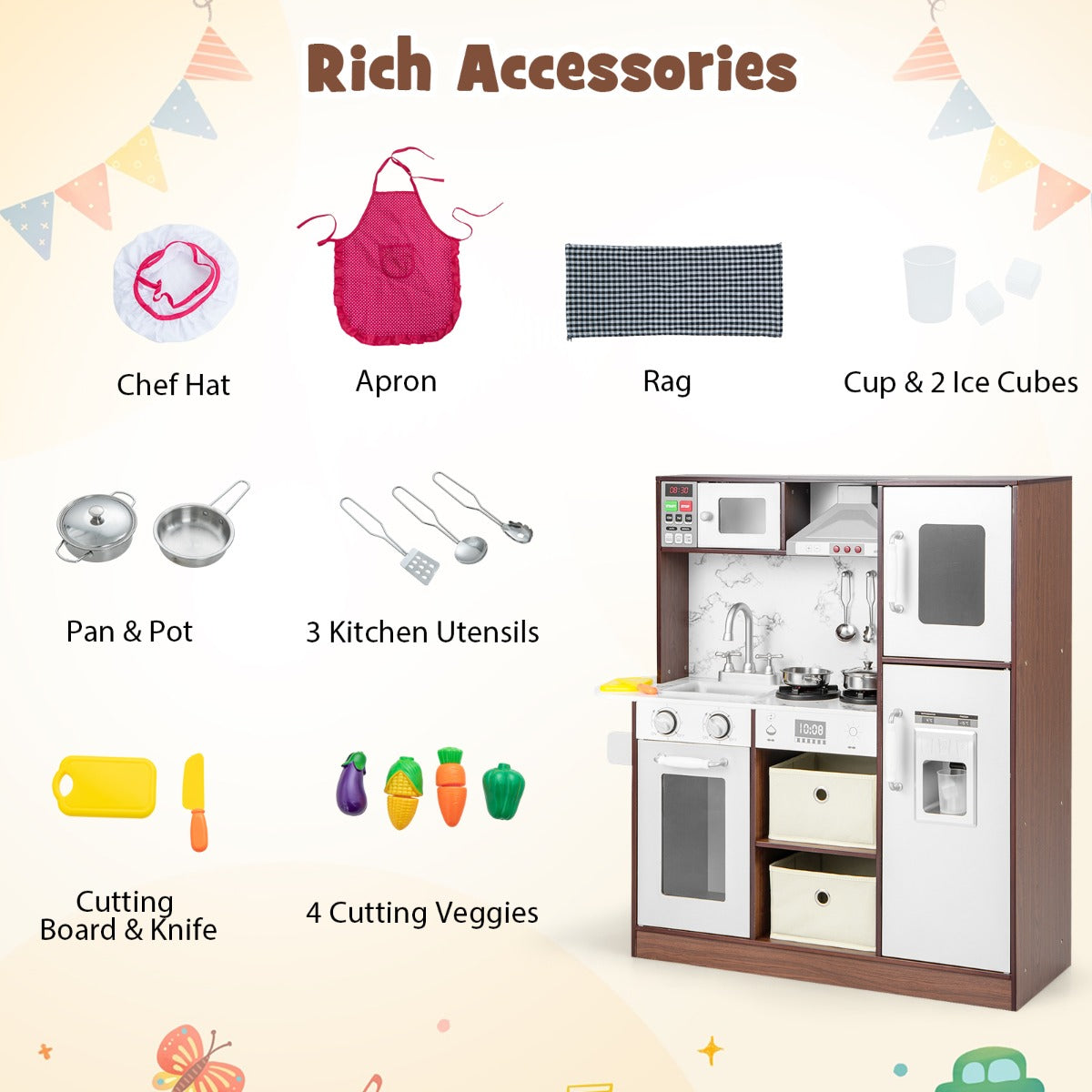 EN71-certified kids kitchen uses BPA-free materials, rounded corners, and burr-free edges for safe play