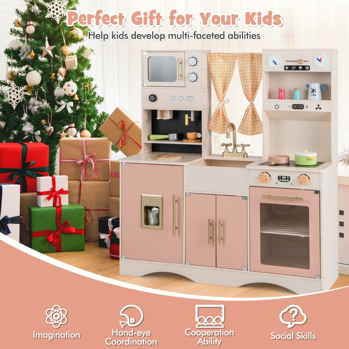 Kids Kitchen Playset with Microwave Coffee Maker Ice Maker Sink Clocks-Pink
