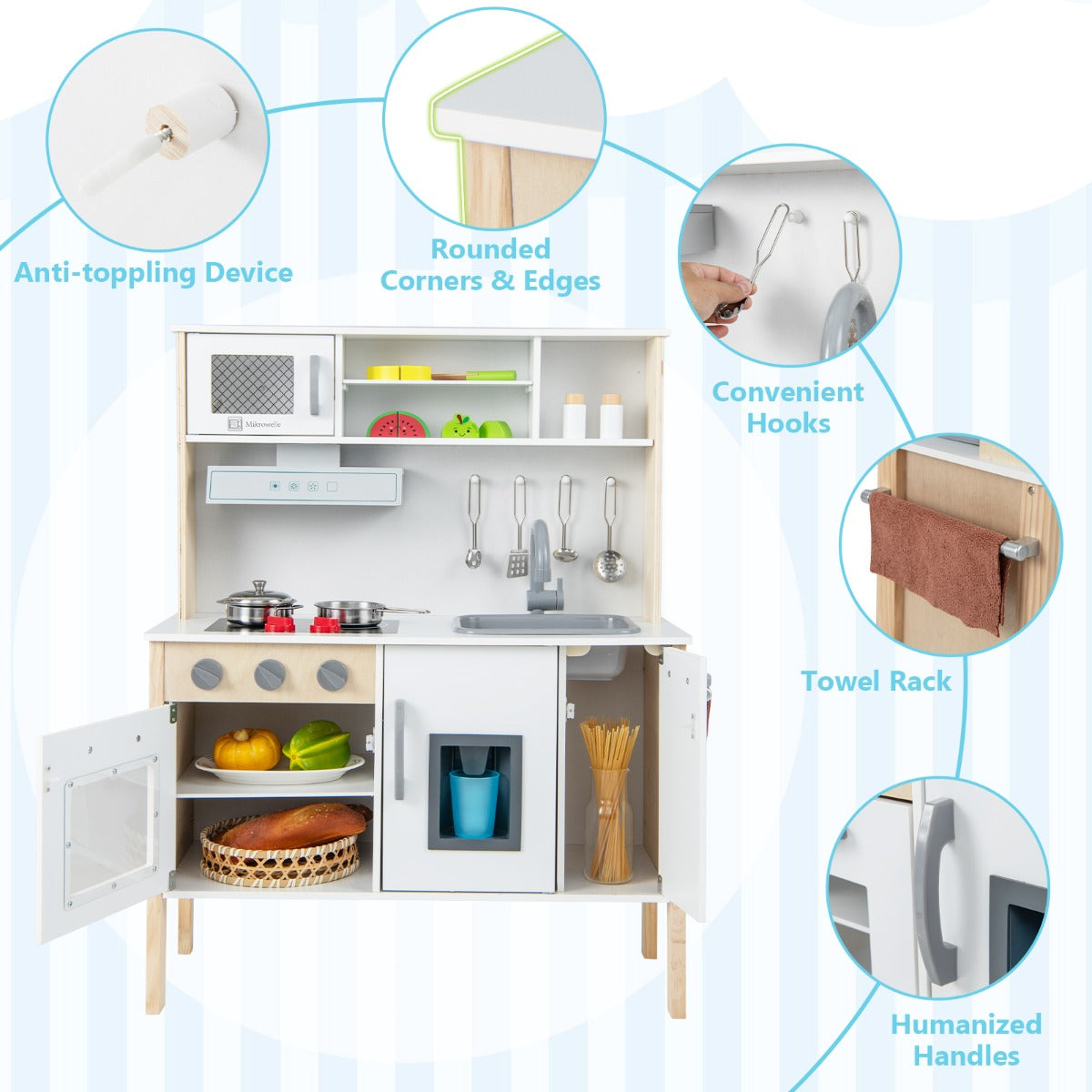 Easy-to-open handles and sturdy MDF construction make this play kitchen practical for toddlers
