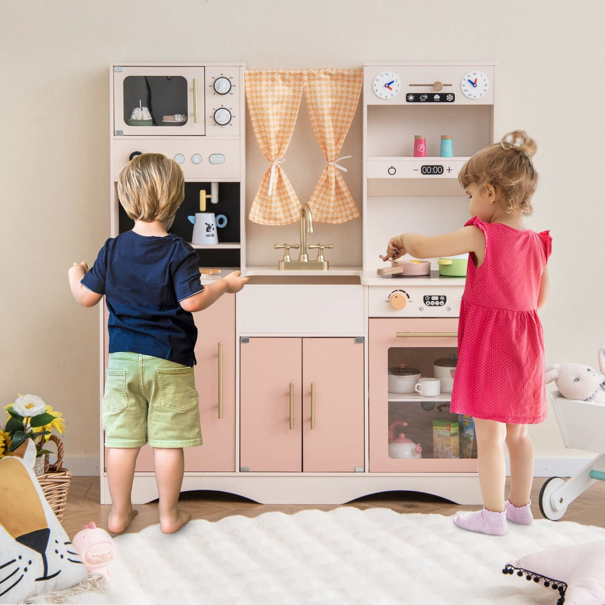 Kids Kitchen Playset with Microwave Coffee Maker Ice Maker Sink Clocks-Pink