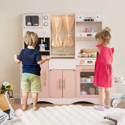 Kids Kitchen Playset with Microwave Coffee Maker Ice Maker Sink Clocks-Pink