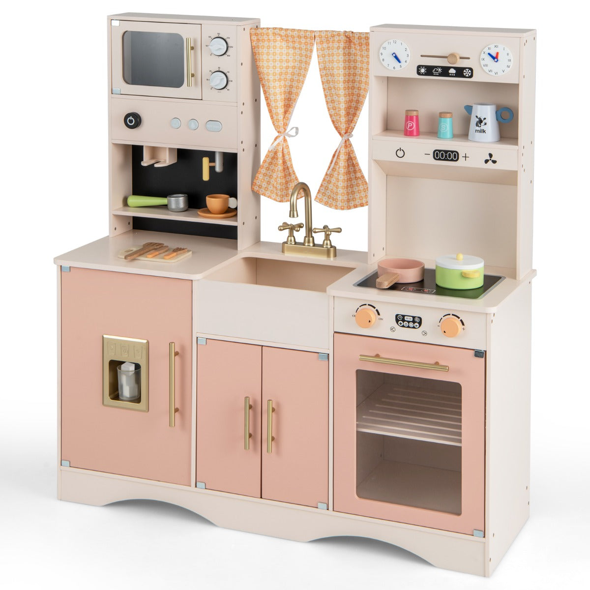 Kids Kitchen Playset with Microwave Coffee Maker Ice Maker Sink Clocks-Pink