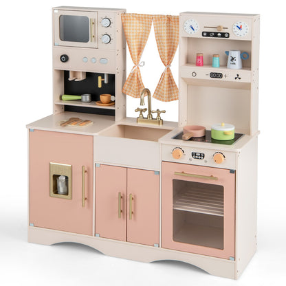 Kids Kitchen Playset with Microwave Coffee Maker Ice Maker Sink Clocks-Pink