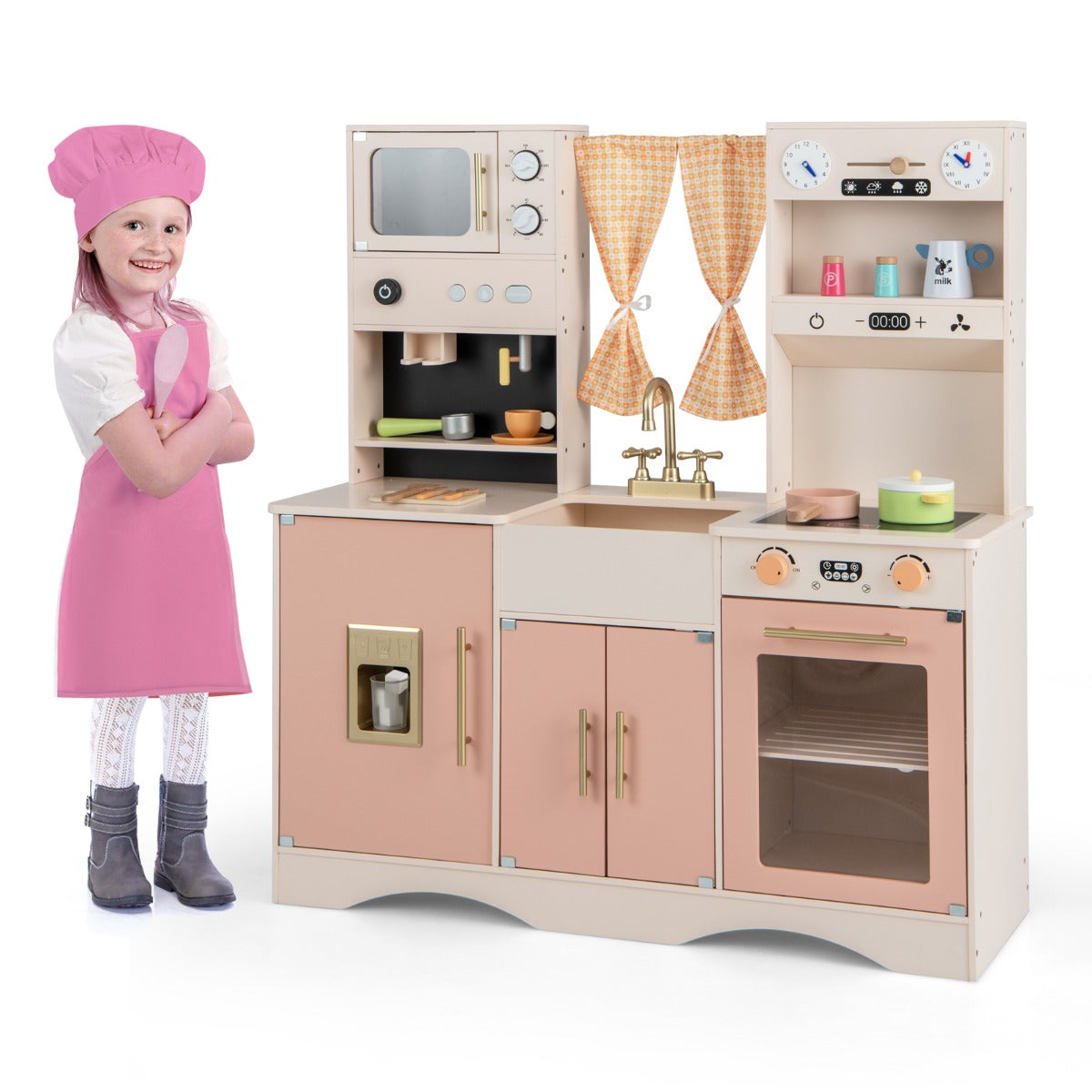 Kids Kitchen Playset with Microwave Coffee Maker Ice Maker Sink Clocks-Pink