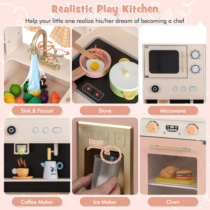 Kids Kitchen Playset with Microwave Coffee Maker Ice Maker Sink Clocks-Pink