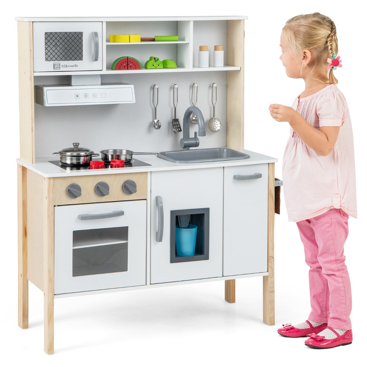 Spacious kids play kitchen includes cabinets, hooks, towel rack, and storage for accessories