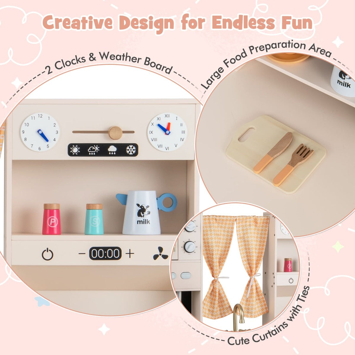 Kids Kitchen Playset with Microwave Coffee Maker Ice Maker Sink Clocks-Pink