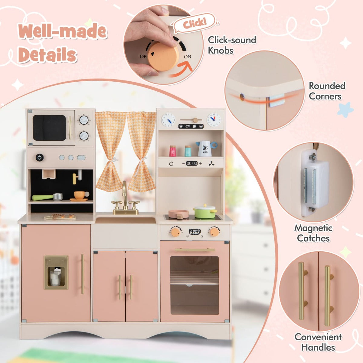 Kids Kitchen Playset with Microwave Coffee Maker Ice Maker Sink Clocks-Pink
