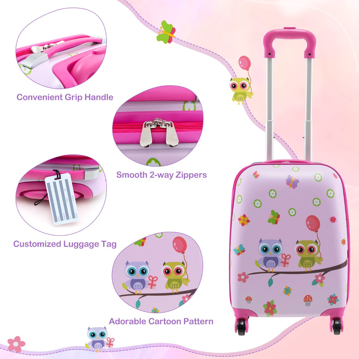 5 Piece Kids Luggage Set with Backpack and Neck Pillow &amp; Name Tag-Purple