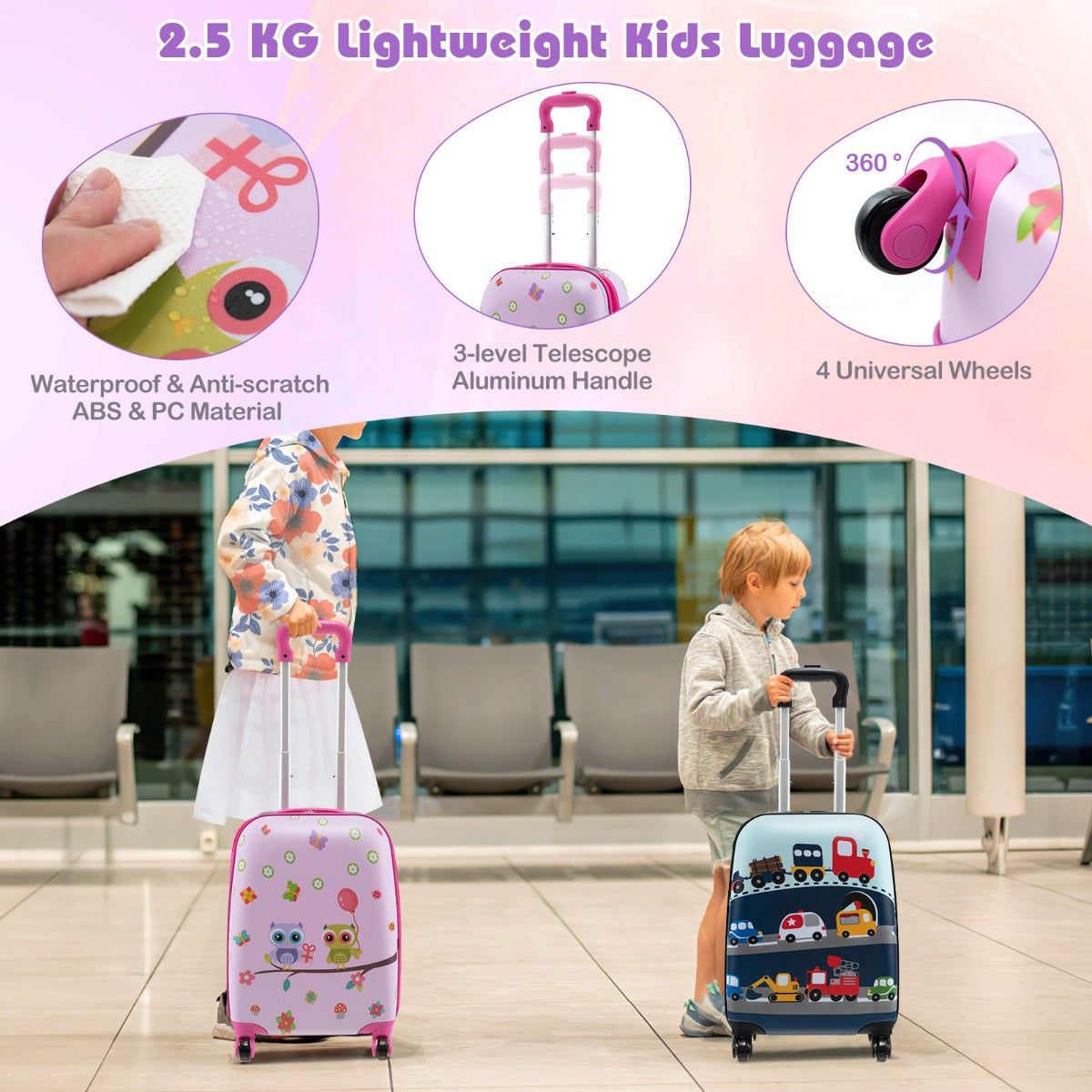 5 Piece Kids Luggage Set with Backpack and Neck Pillow &amp; Name Tag-Purple