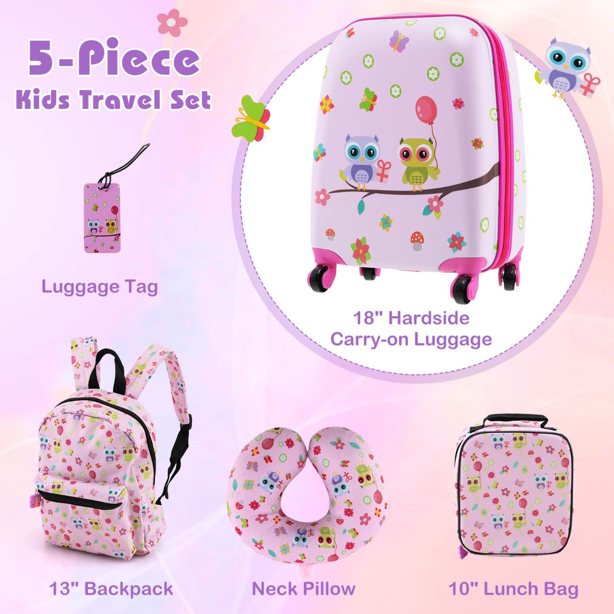 5 Piece Kids Luggage Set with Backpack and Neck Pillow &amp; Name Tag-Purple