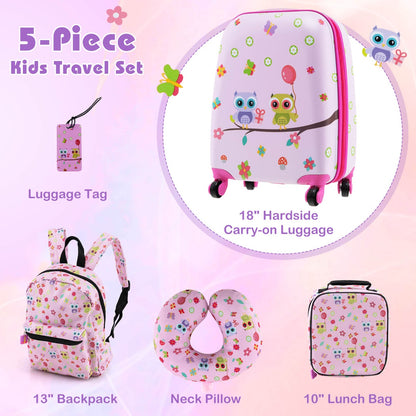 5 Piece Kids Luggage Set with Backpack and Neck Pillow &amp; Name Tag-Purple