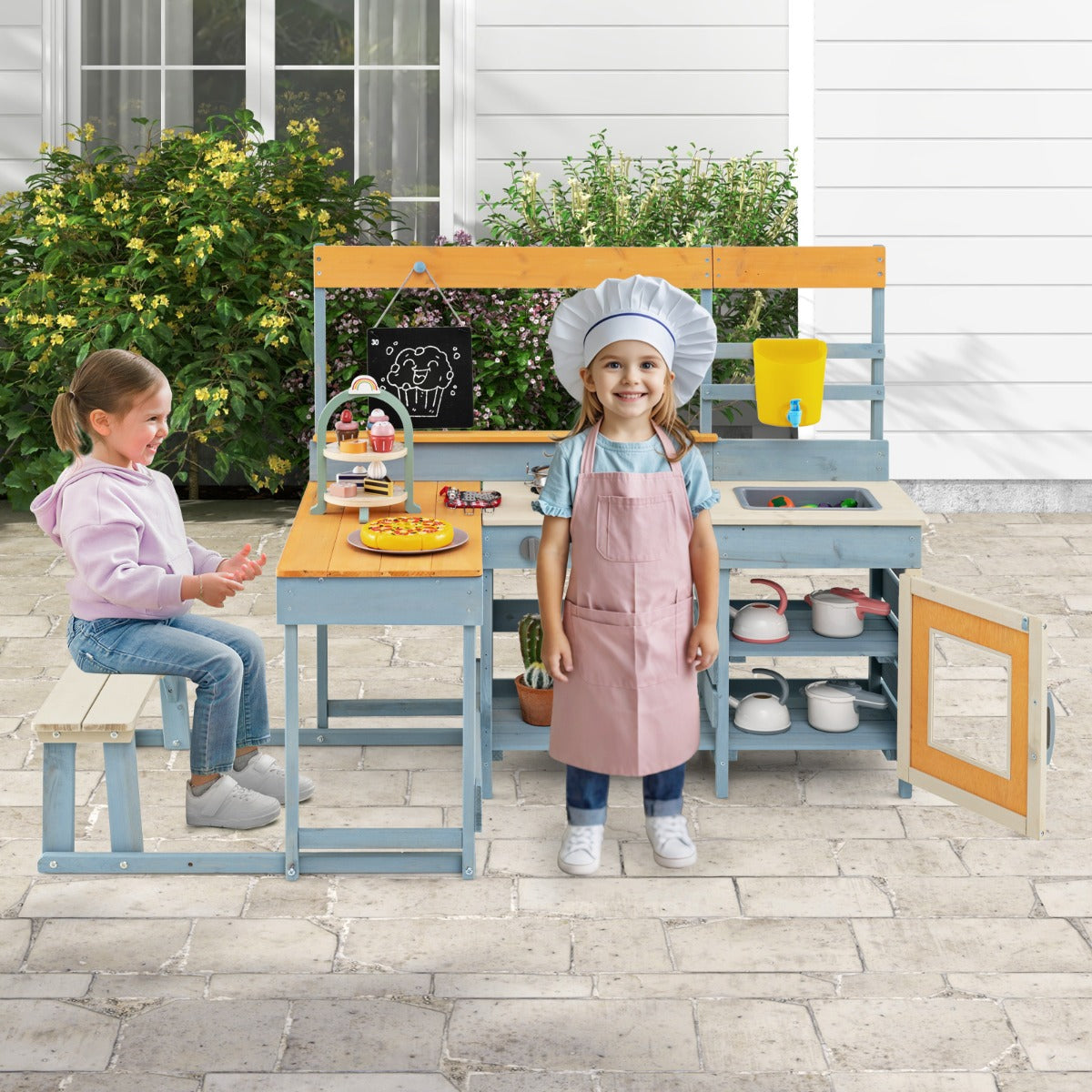 Fir Wood Play Kitchen with Kids Picnic Table Mud Kitchen-Grey