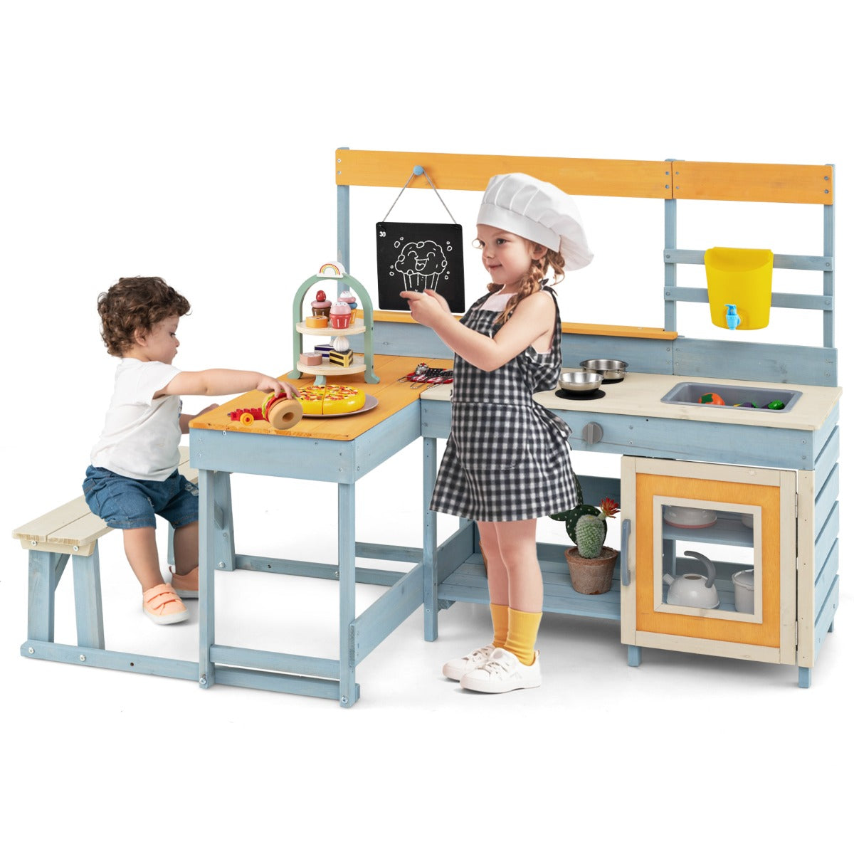 Fir Wood Play Kitchen with Kids Picnic Table Mud Kitchen-Grey