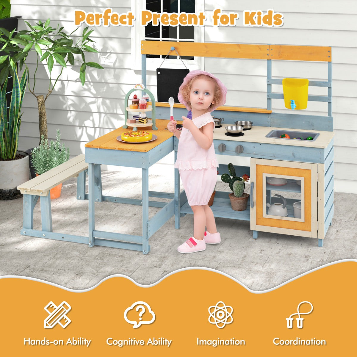 Fir Wood Play Kitchen with Kids Picnic Table Mud Kitchen-Grey