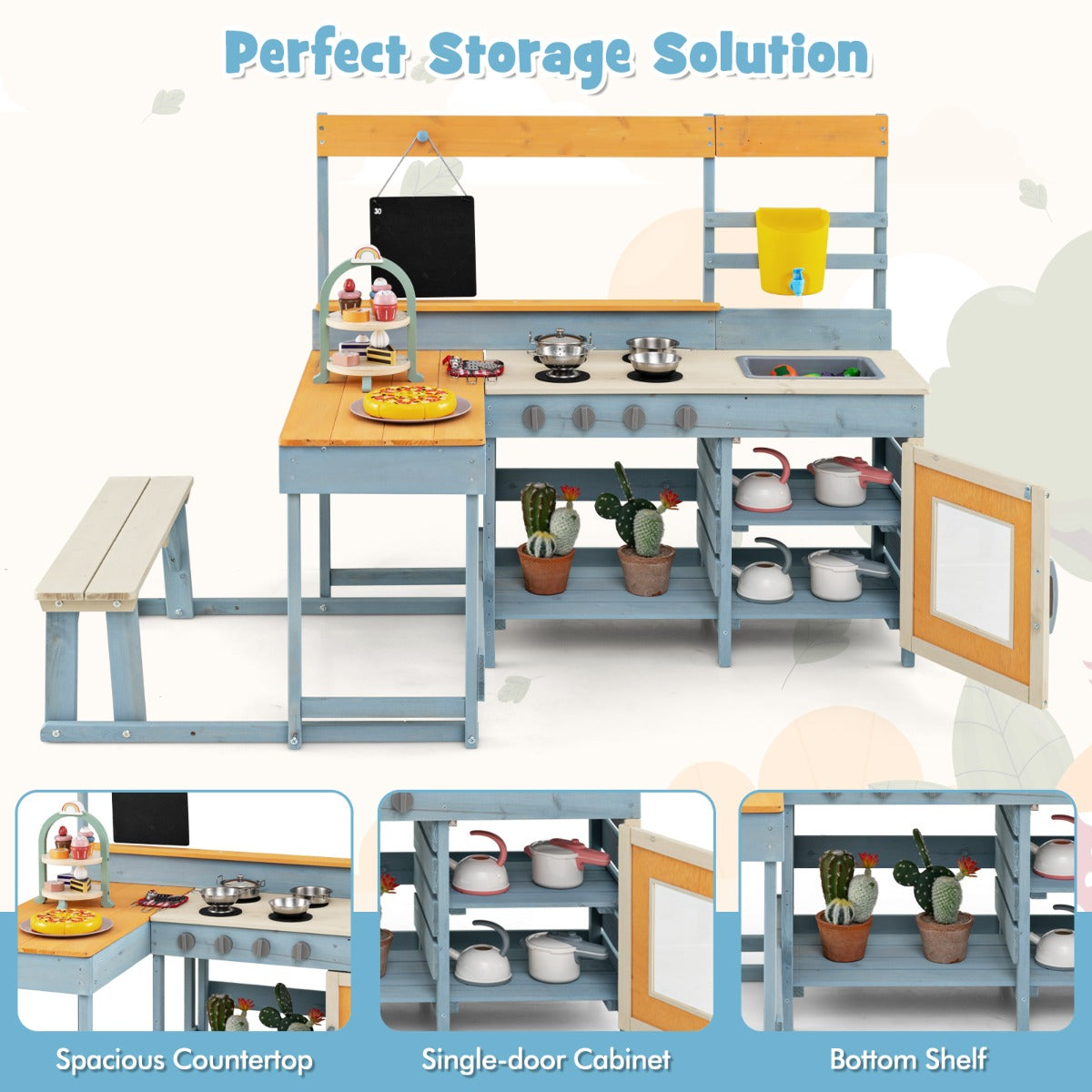 Fir Wood Play Kitchen with Kids Picnic Table Mud Kitchen-Grey