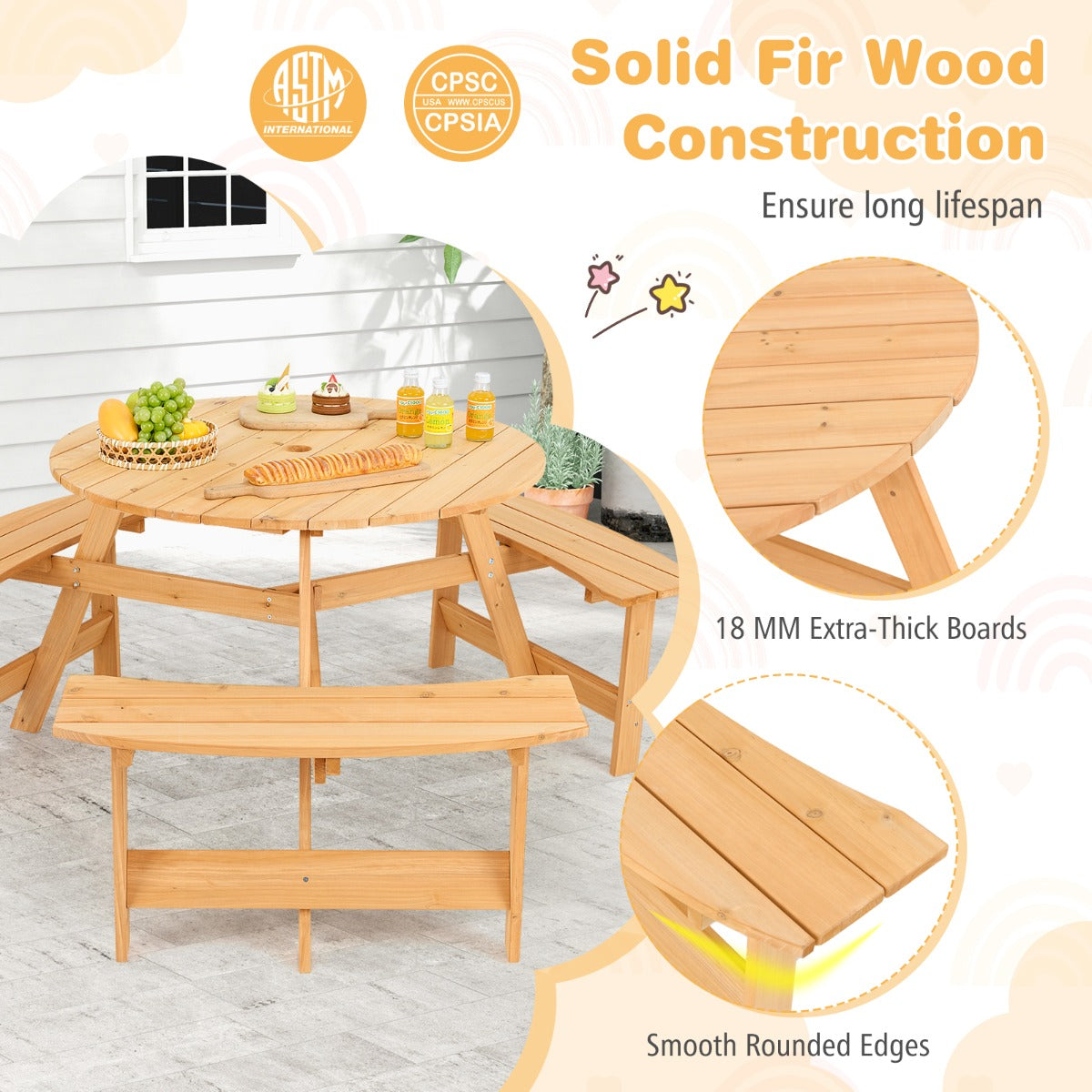 6 Person Kids Outdoor Wooden Picnic Table and Bench Set-Natural