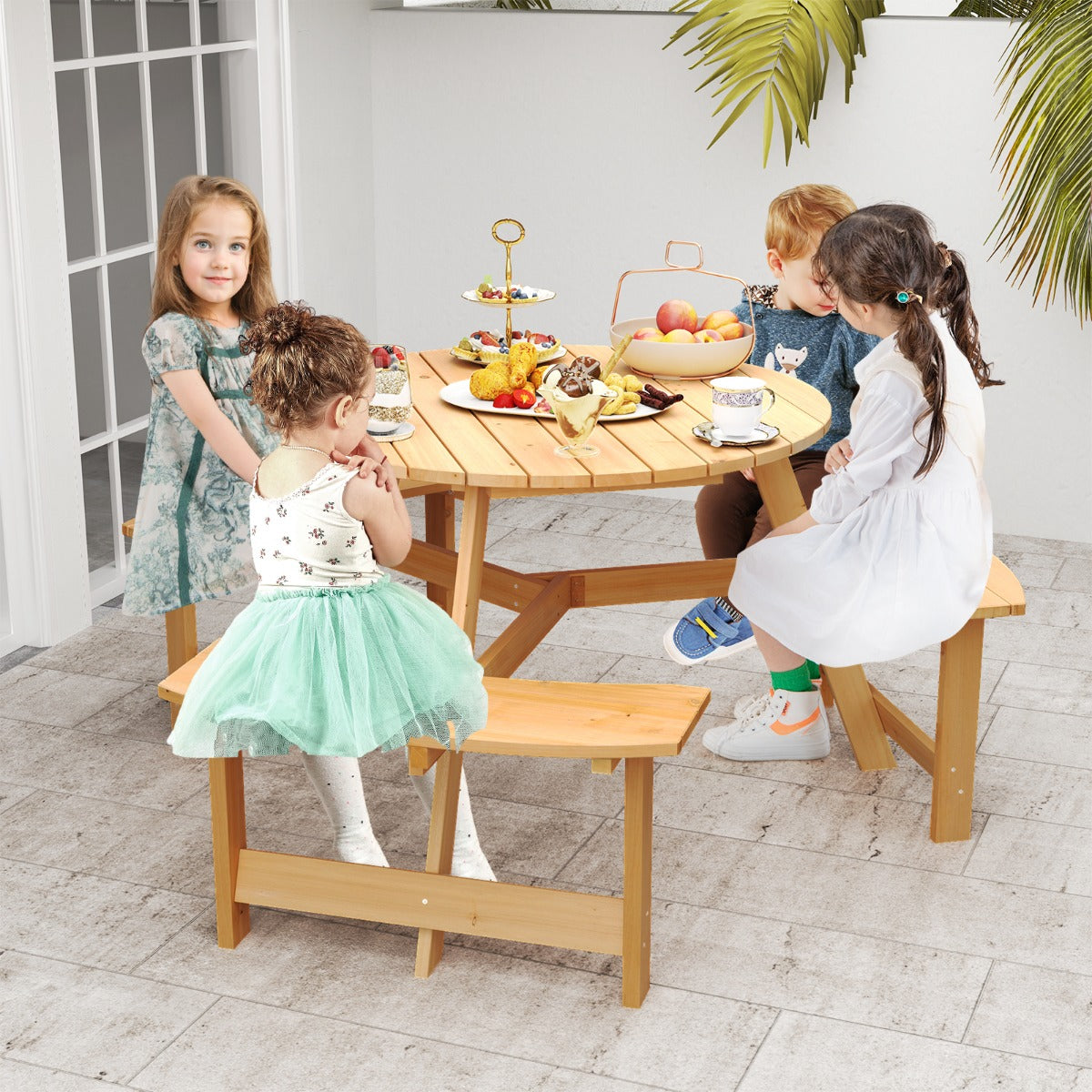 6 Person Kids Outdoor Wooden Picnic Table and Bench Set-Natural
