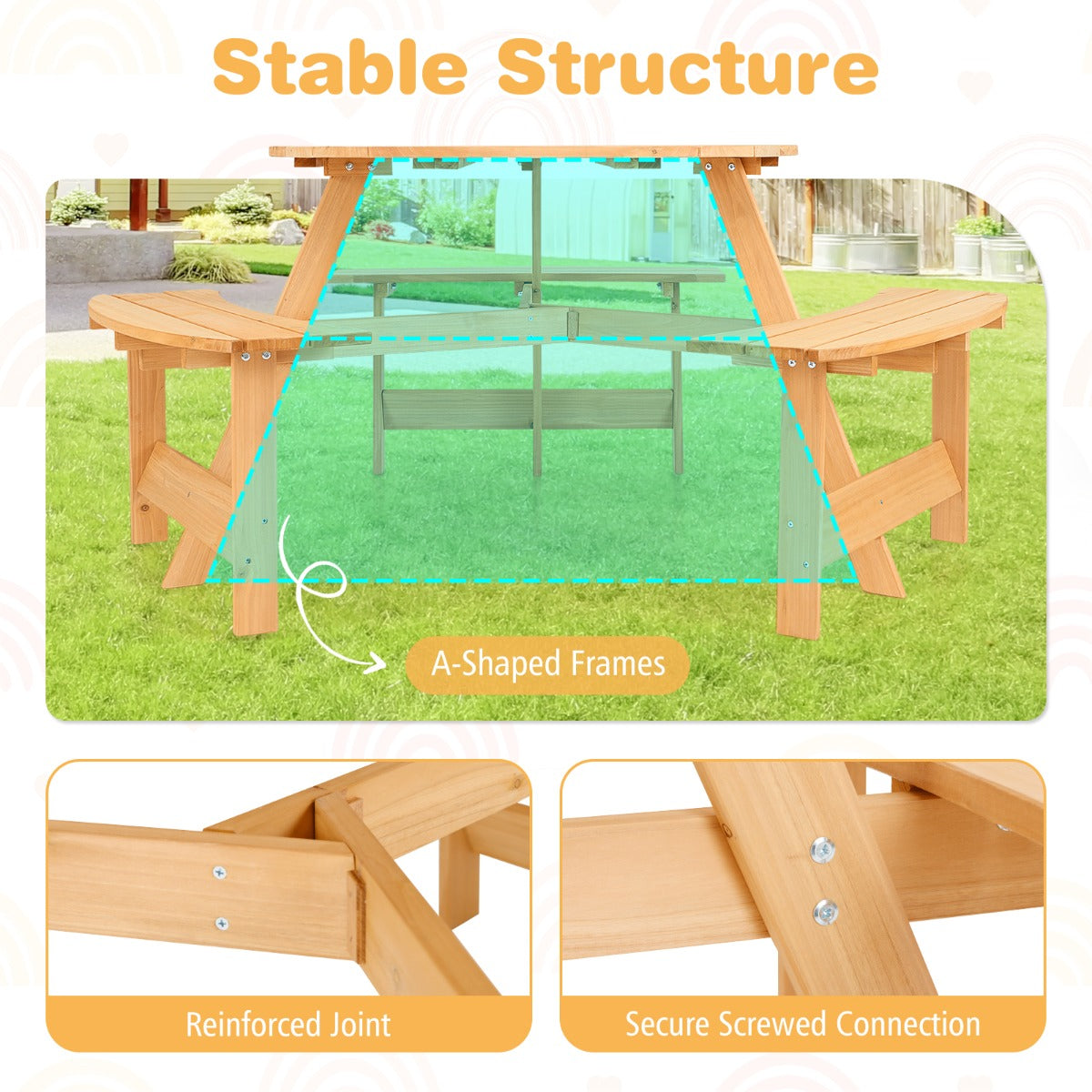 6 Person Kids Outdoor Wooden Picnic Table and Bench Set-Natural