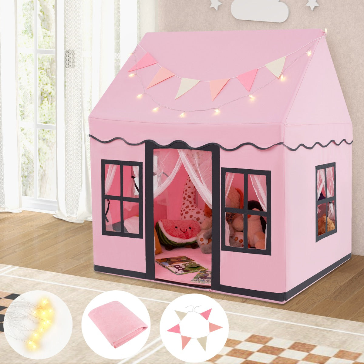 Kids Play Castle Tent Large Playhouse Toys Gifts with Star Lights Washable Mat-Pink