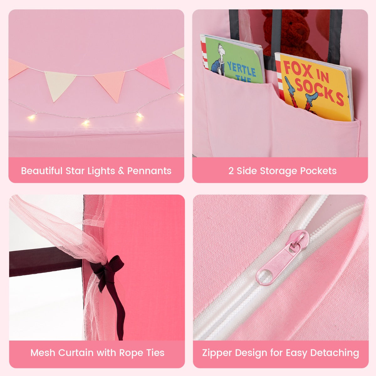 Kids Play Castle Tent Large Playhouse Toys Gifts with Star Lights Washable Mat-Pink