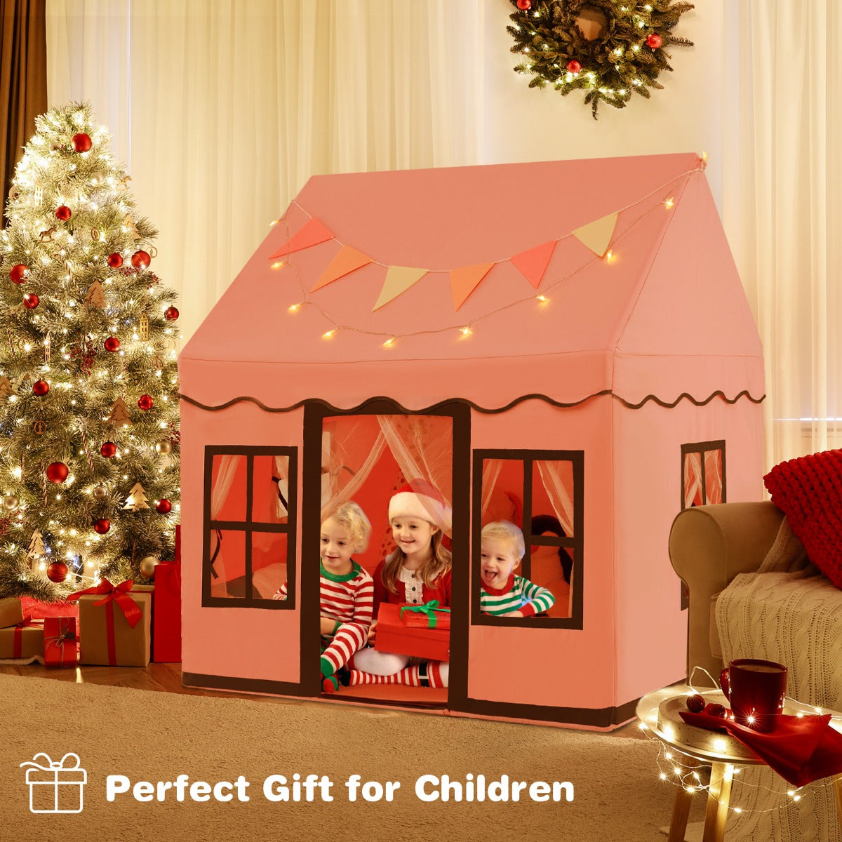 Kids Play Castle Tent Large Playhouse Toys Gifts with Star Lights Washable Mat-Pink