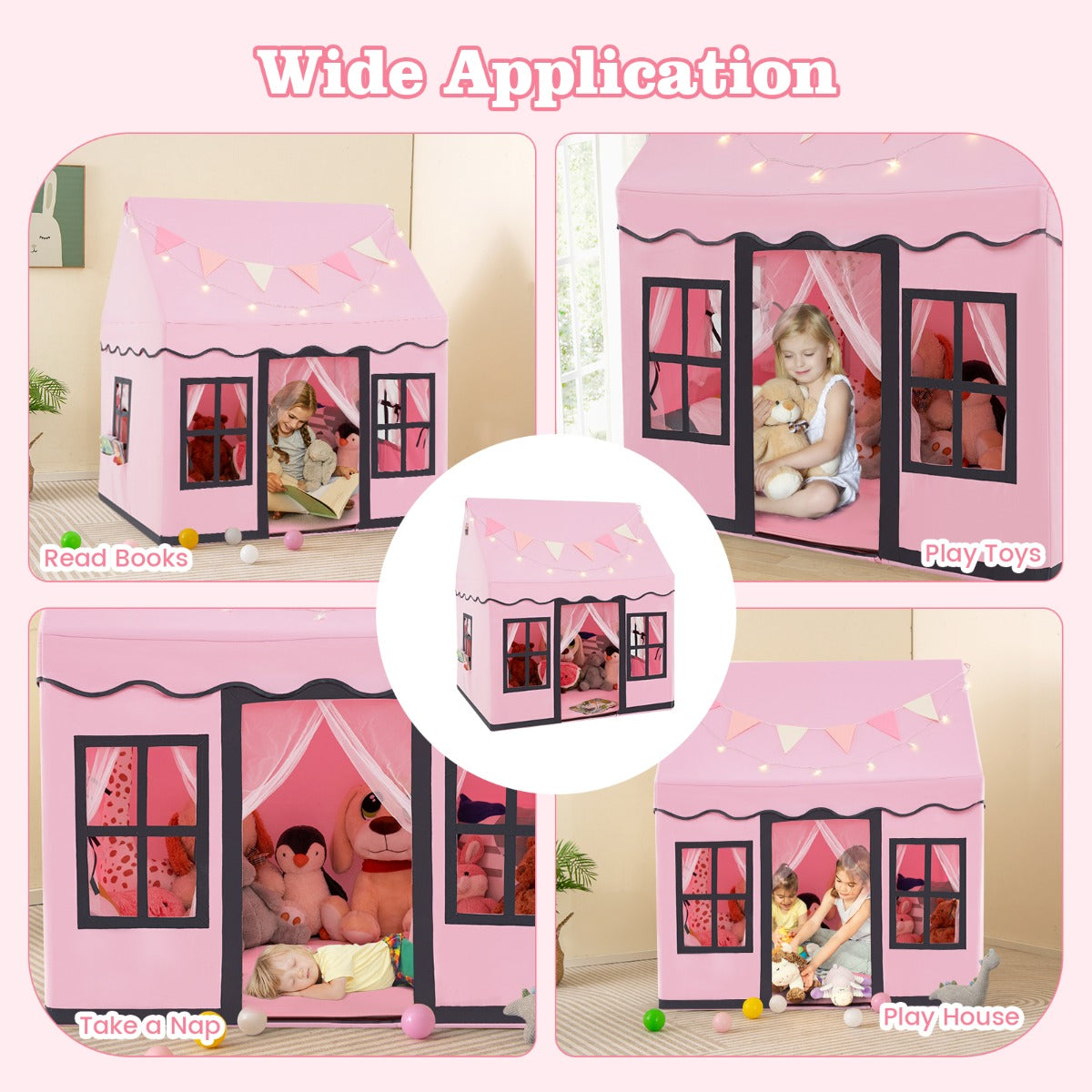 Kids Play Castle Tent Large Playhouse Toys Gifts with Star Lights Washable Mat-Pink