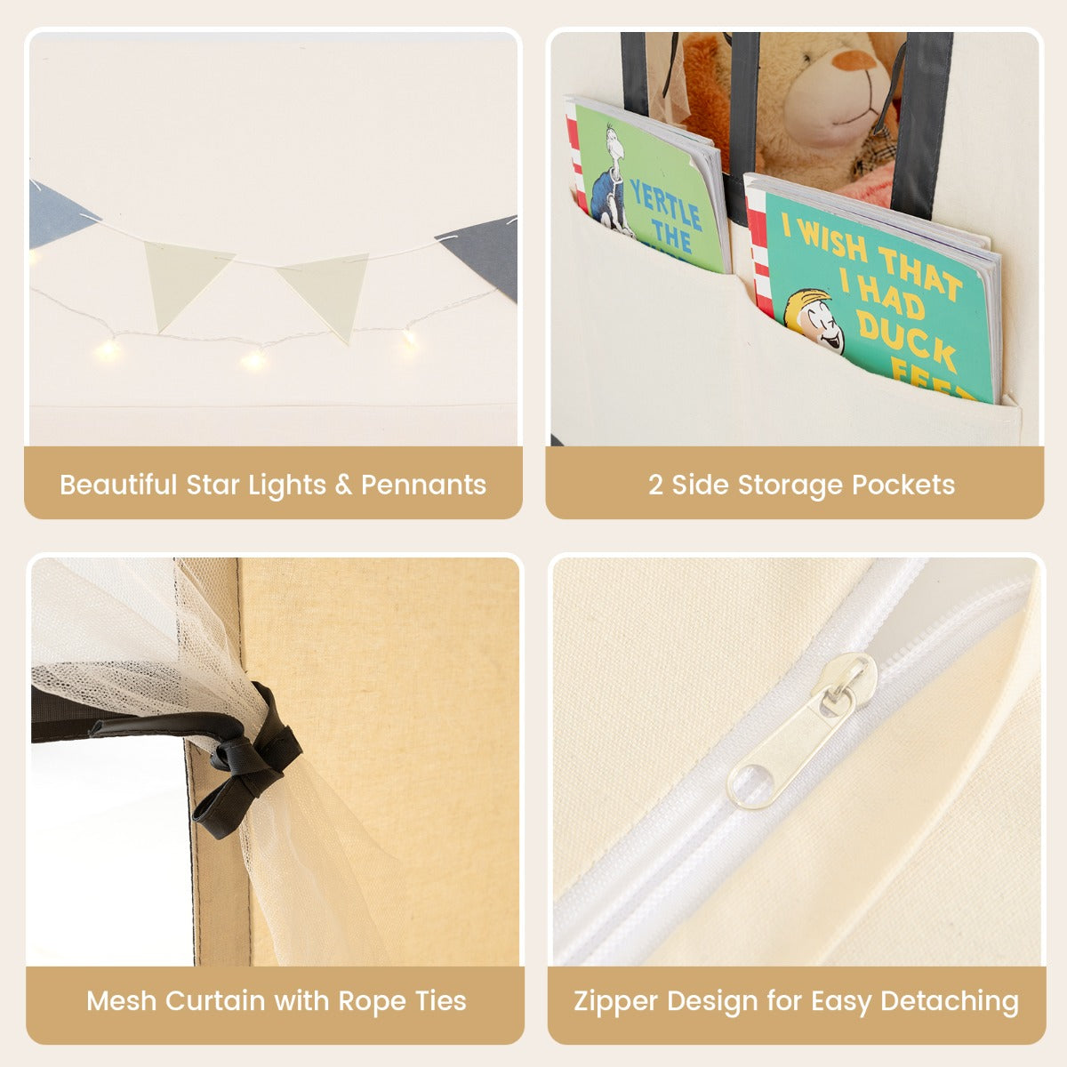 Kids Play Castle Tent Large Playhouse Toys Gifts with Star Lights Washable Mat-Beige