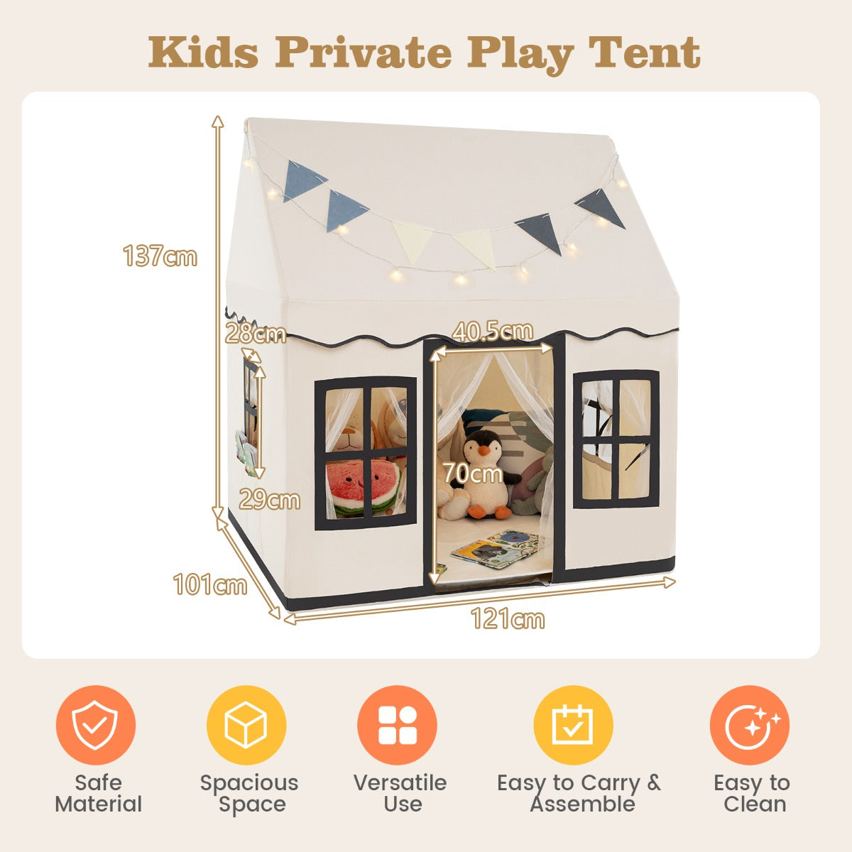 Kids Play Castle Tent Large Playhouse Toys Gifts with Star Lights Washable Mat-Beige