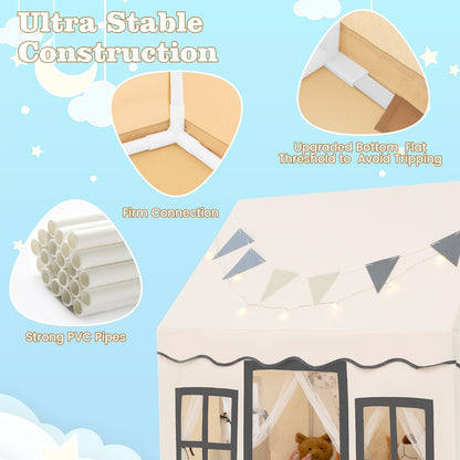 Kids Play Castle Tent Large Playhouse Toys Gifts with Star Lights Washable Mat-Beige