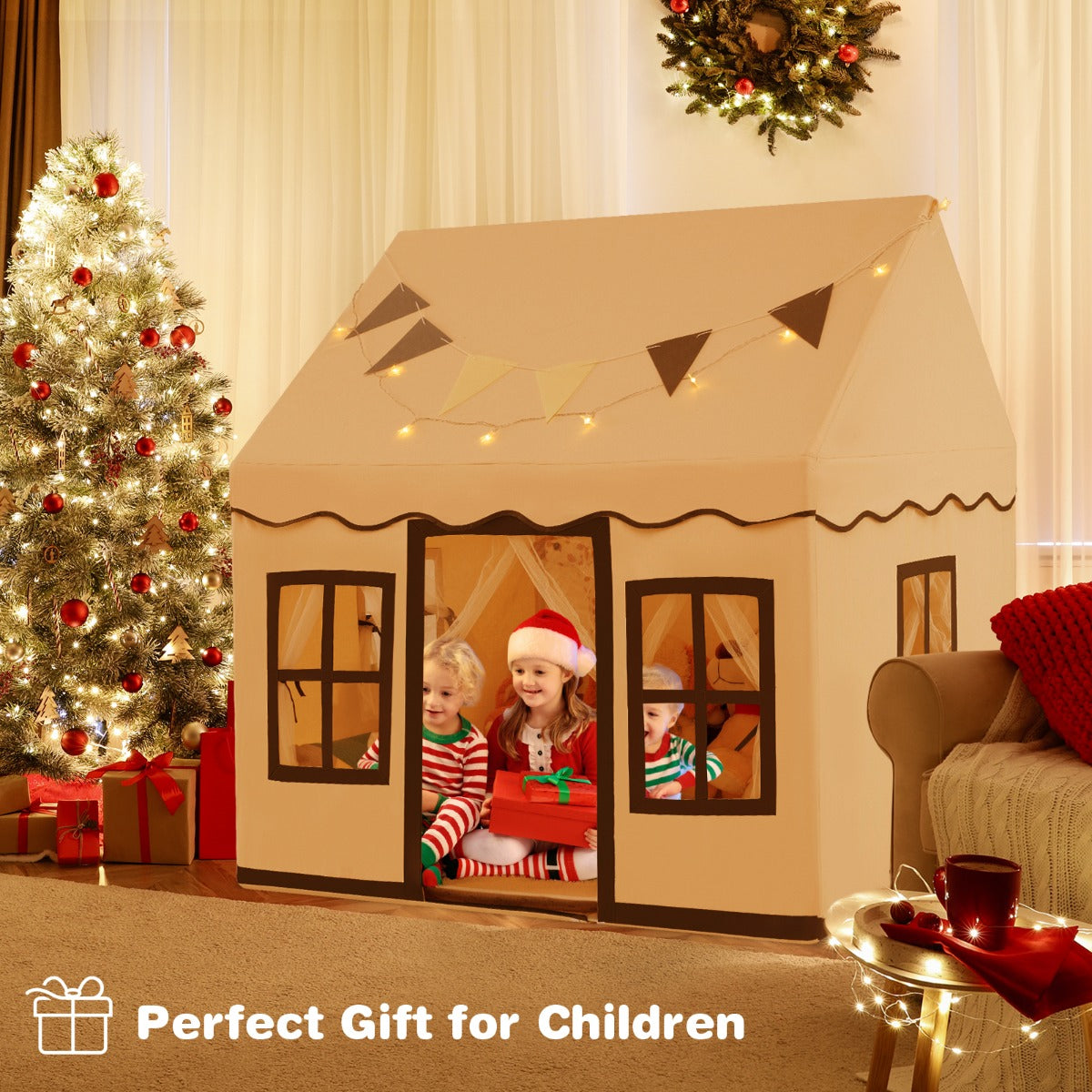 Kids Play Castle Tent Large Playhouse Toys Gifts with Star Lights Washable Mat-Beige