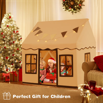 Kids Play Castle Tent Large Playhouse Toys Gifts with Star Lights Washable Mat-Beige