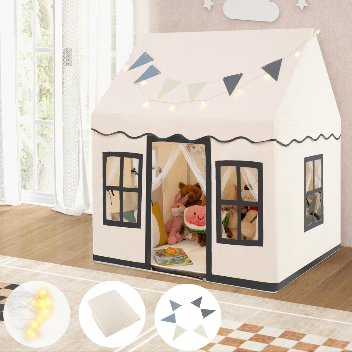 Kids Play Castle Tent Large Playhouse Toys Gifts with Star Lights Washable Mat-Beige