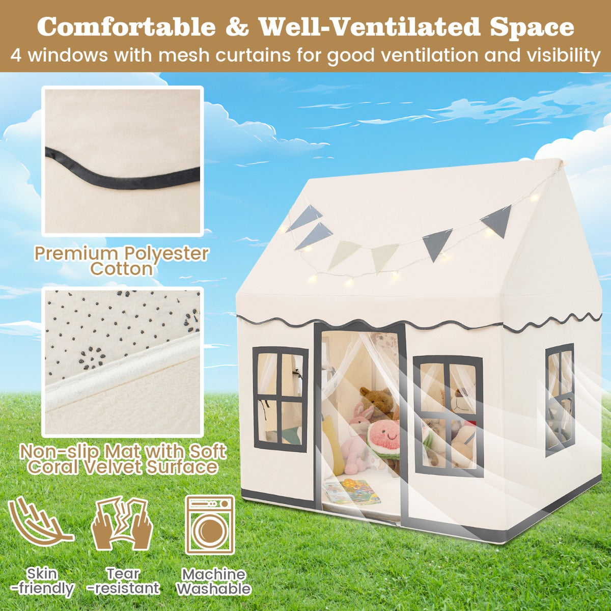 Kids Play Castle Tent Large Playhouse Toys Gifts with Star Lights Washable Mat-Beige