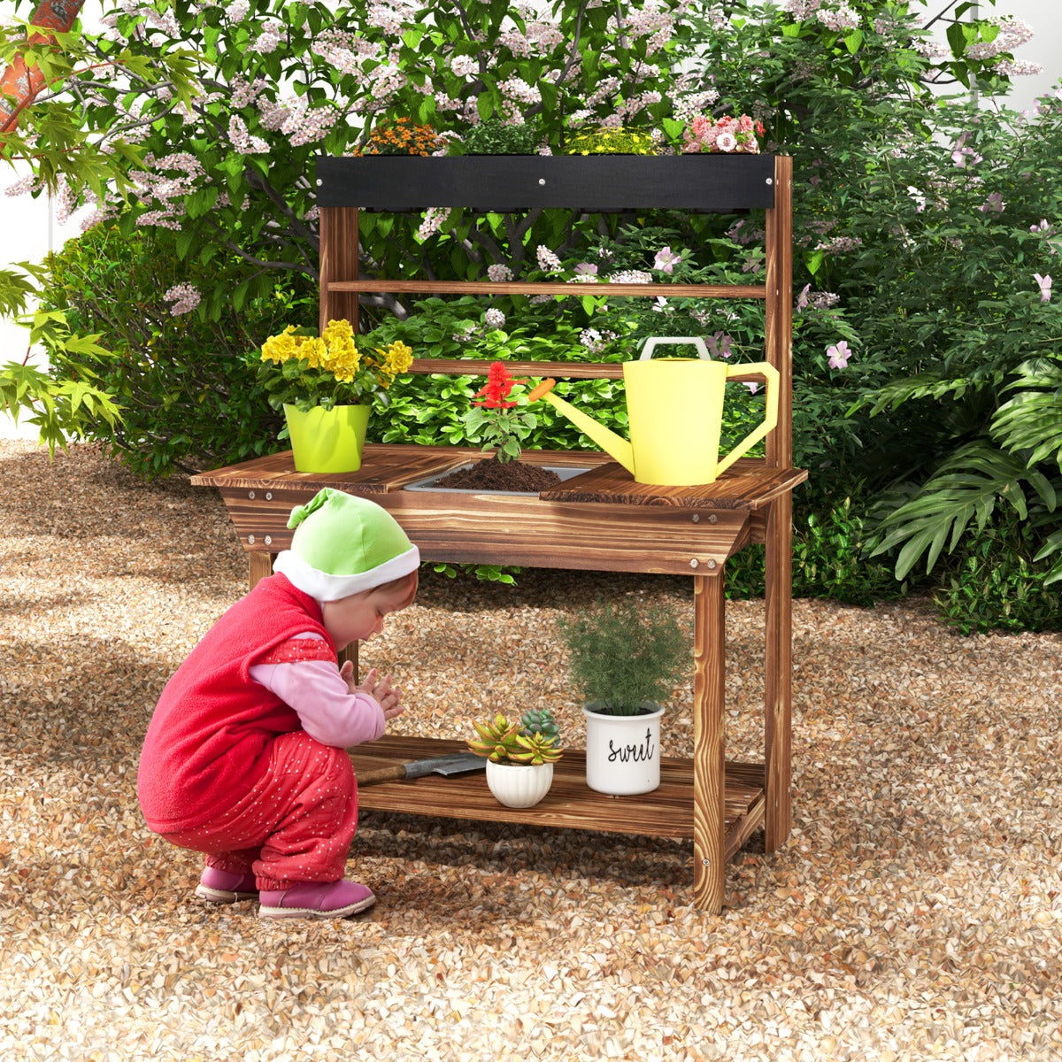 Kids Potting Bench Wooden Toy Gardening Center with 4 Pots ...