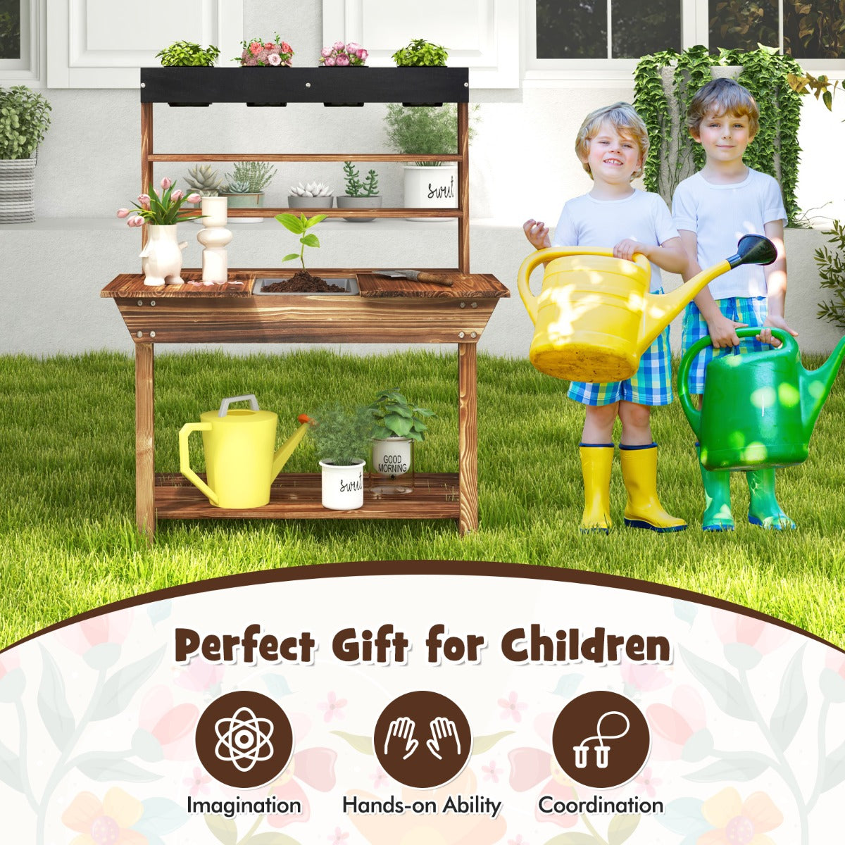 Kids Potting Bench Wooden Toy Gardening Center with 4 Pots