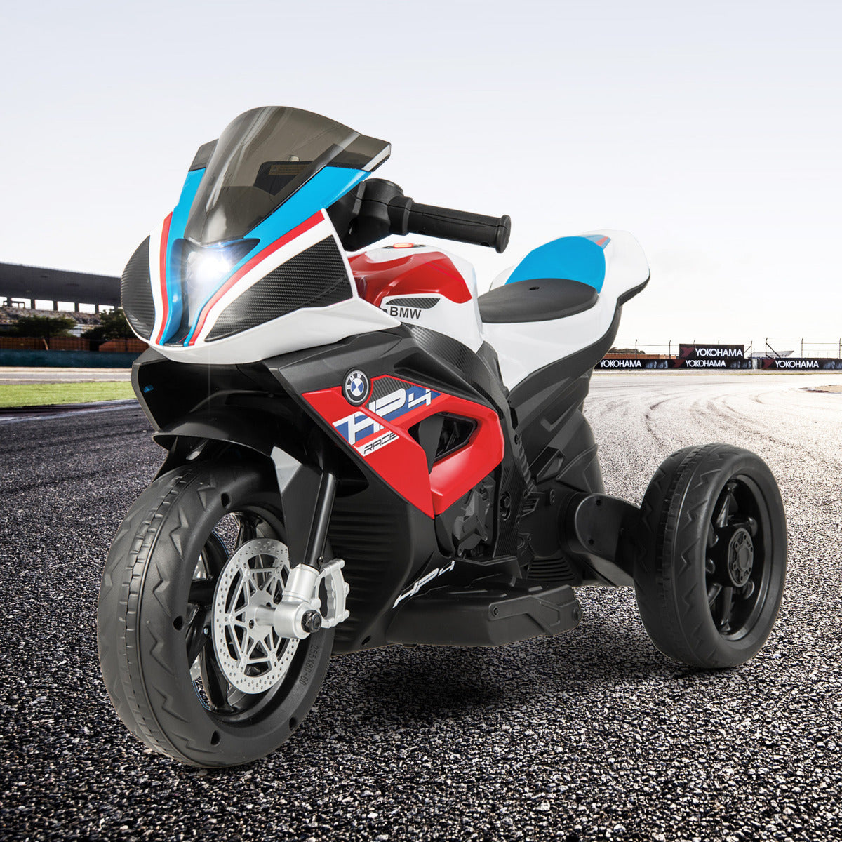 BMW ride-on motorcycle with forward and reverse controls plus high and low speed settings for children