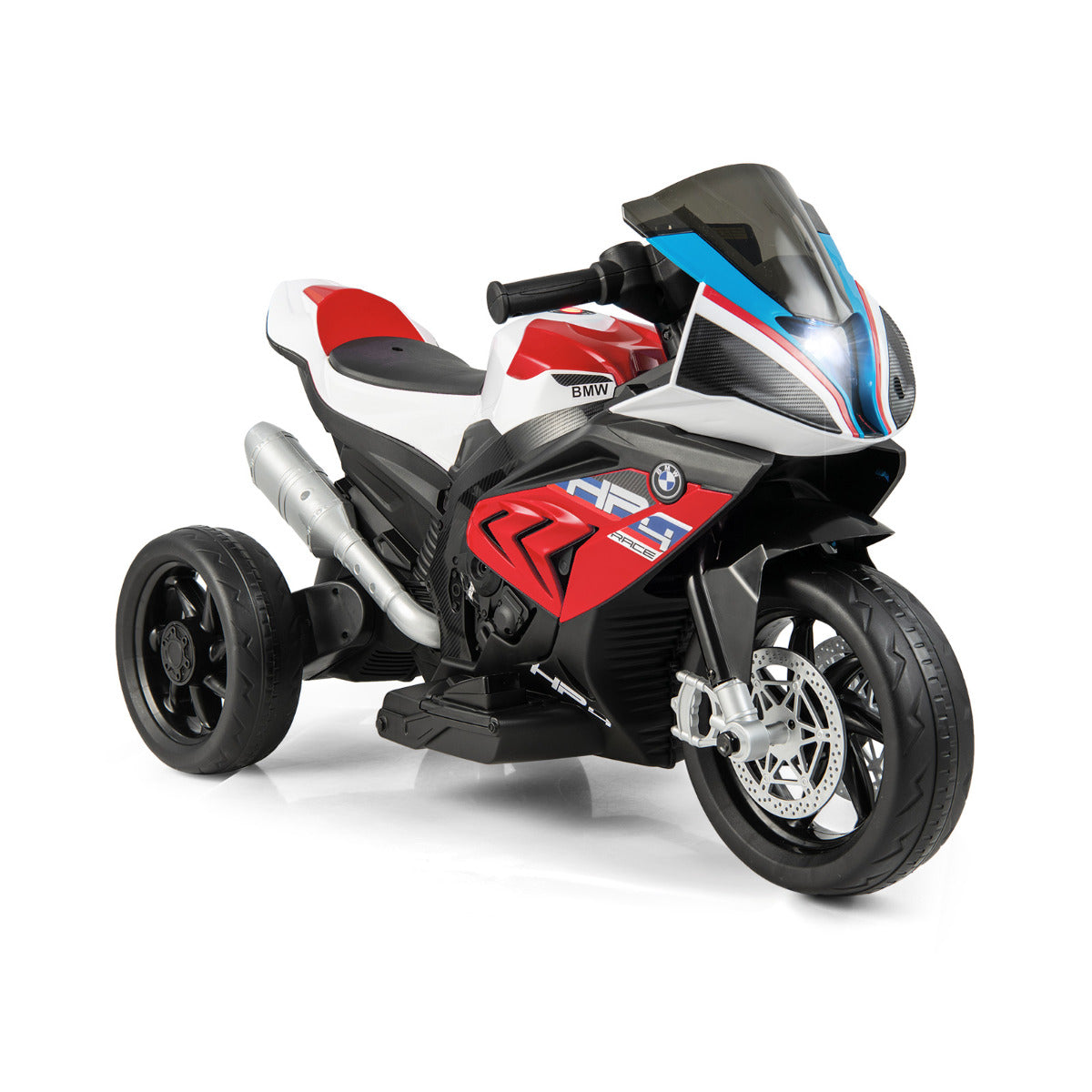 Blue and red BMW electric motorcycle with a comfortable extended seat and easy-grip handle