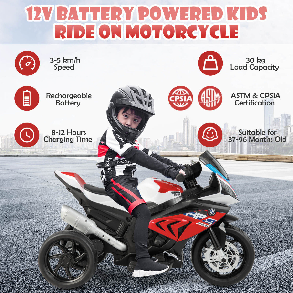 Stable three-wheel kids motorcycle with textured, wear-resistant tires for safe riding on different surfaces