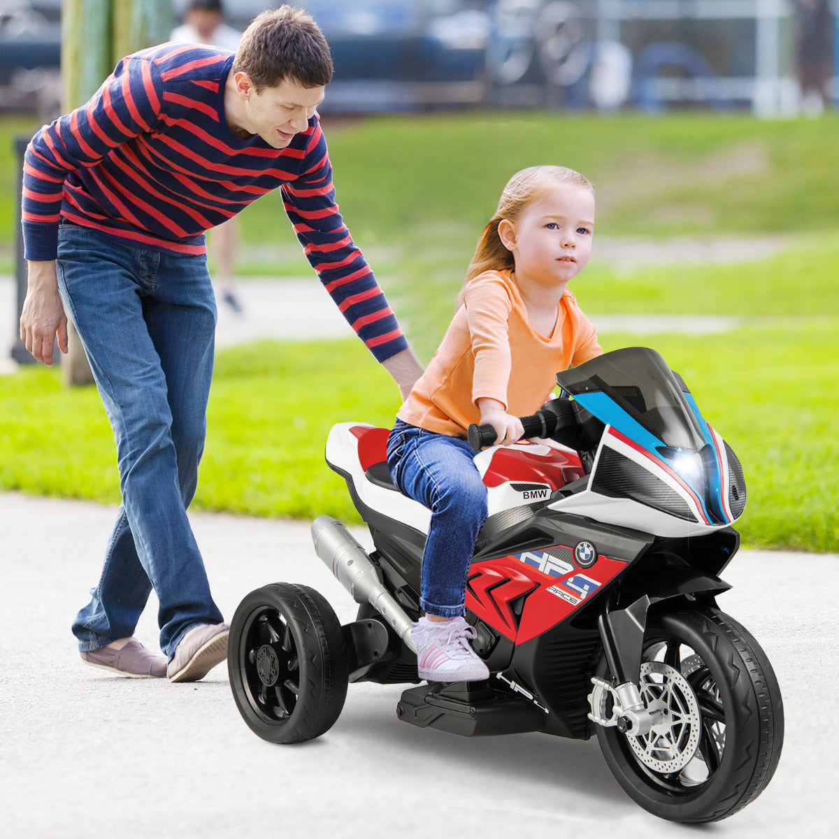 12V rechargeable BMW kids motorcycle with foot pedal acceleration and simple one-button starting