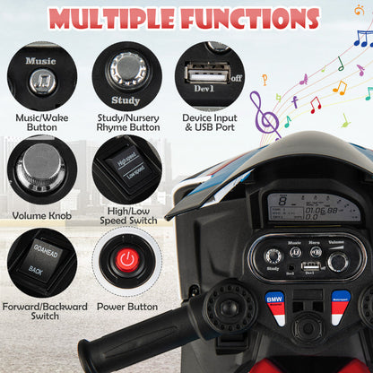 Realistic BMW ride-on toy with LED headlight, horn button, simulated exhaust, and authentic styling