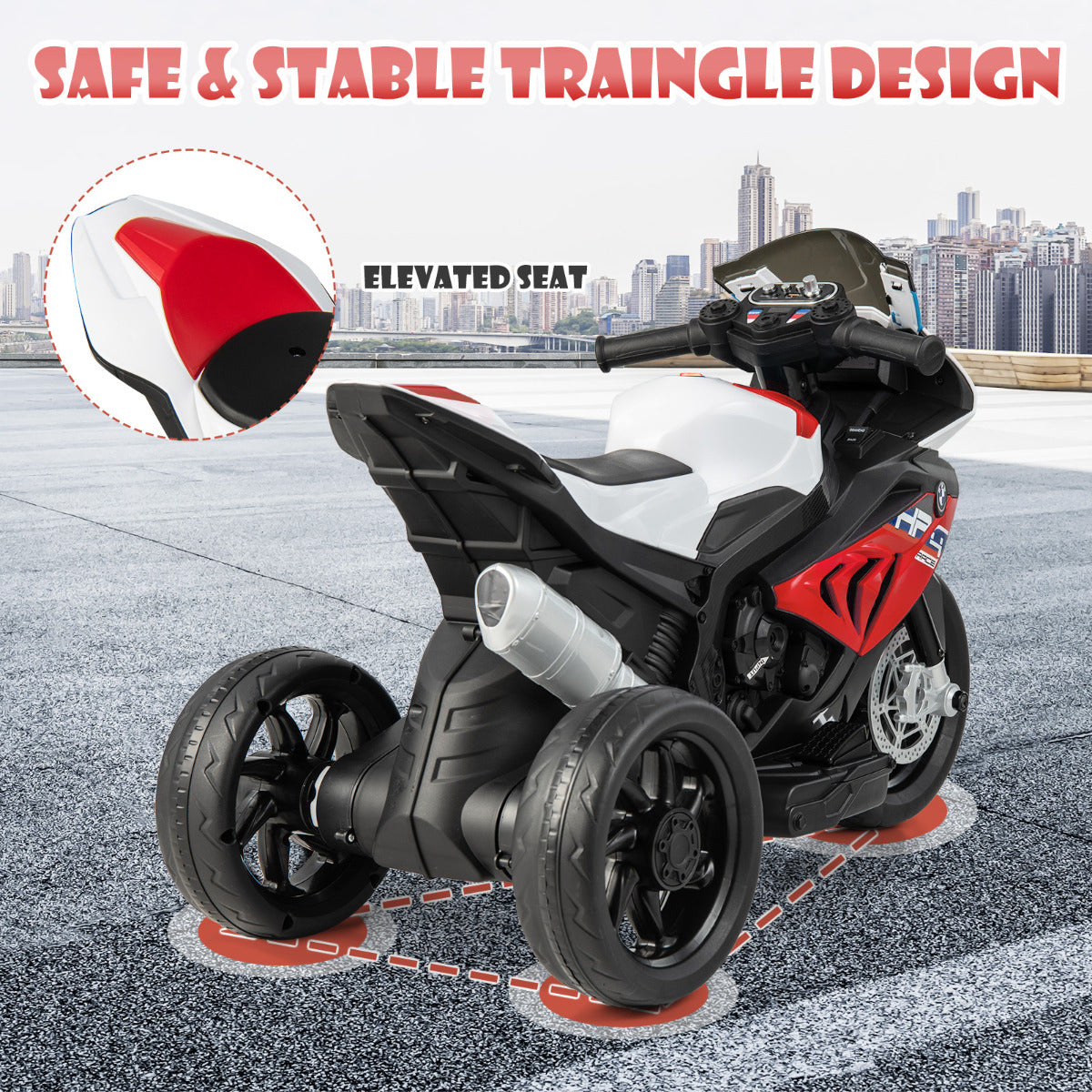 Comfortable three-wheeled ride-on motorcycle supporting children up to 30 kilograms during play