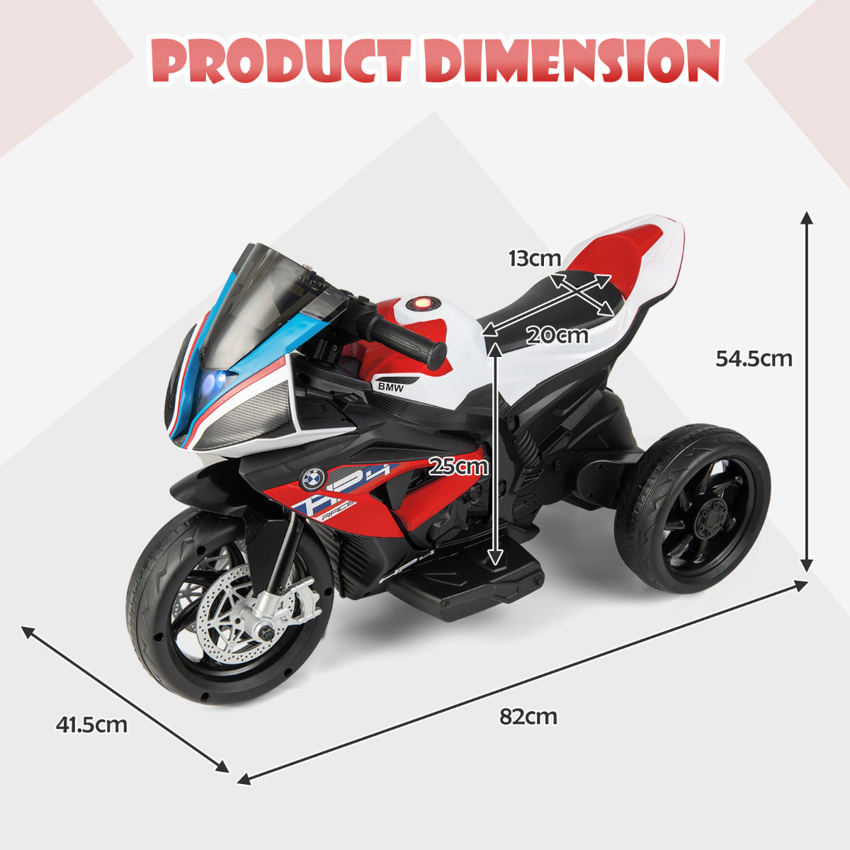 Officially licensed BMW kids ride-on motorcycle with simulated exhaust pipe and bright LED headlight