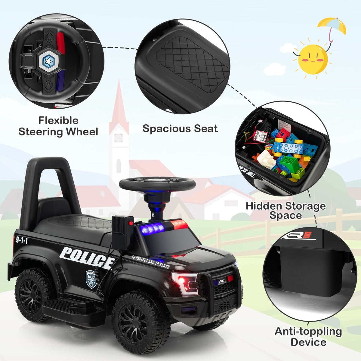 Kids Ride On Police Car with Real Megaphone and Headlights-Black