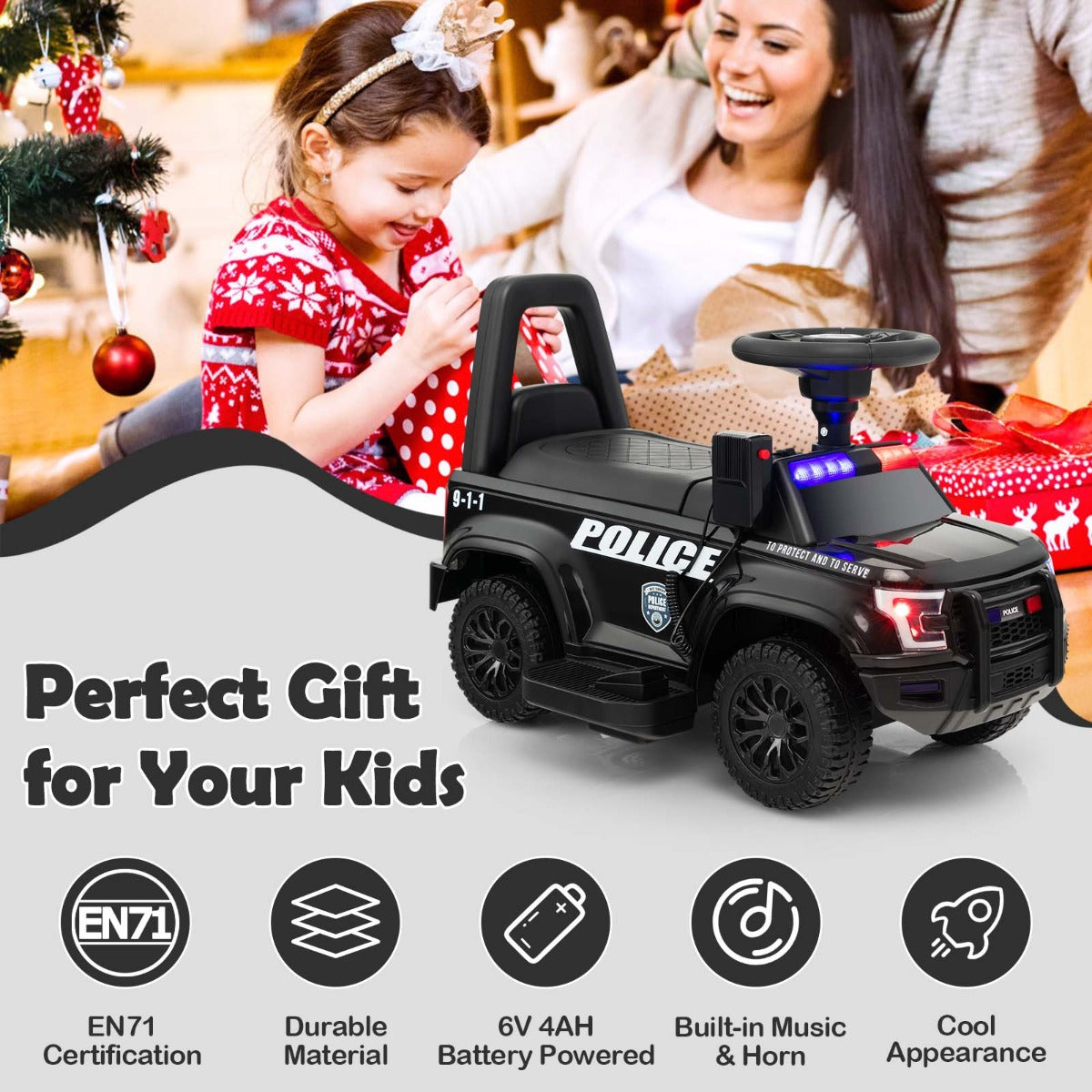 Kids Ride On Police Car with Real Megaphone and Headlights-Black